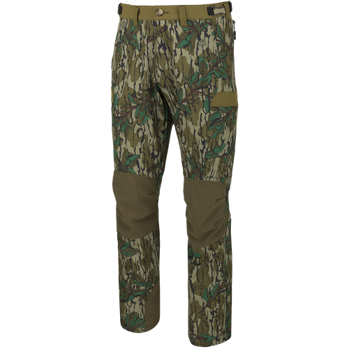 A pair of lightweight, moisture-wicking Men's Tech Stretch Turkey Pants with reinforced knees and gusseted crotch for comfort during extended periods of sitting. Designed for spring turkey season, these pants feature a relaxed fit, adjustable waistband, and multiple pockets for storage. Ideal for staying concealed and mobile in the woods.