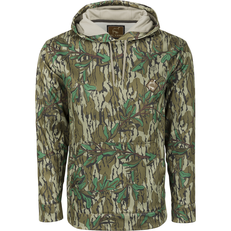 Ol' Tom Camo Performance Hoodie: A durable hoodie with a soft fleece interior for comfort, heat retention, and moisture management. Features a double-lined, drawstring hood and a kangaroo pouch for added warmth. Perfect for everyday wear and outdoor activities.