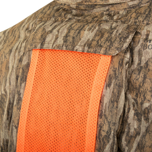 Mesh Back Flyweight Shirt with Spine Pad - A close-up of an ultra-lightweight, breathable camouflage shirt with mesh back and side panels. Perfect for warm-weather turkey hunting.