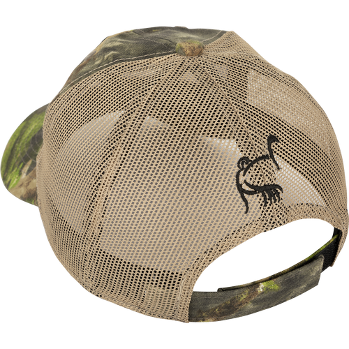 Camo Mesh Back Ol' Tom Logo Cap, a low-profile, structured hat with a mesh back and Velcro size adjustment. Perfect for hunting and outdoor activities.