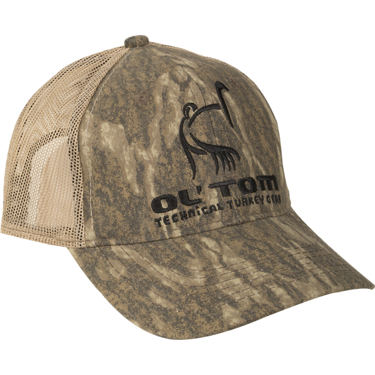 Camo Mesh Back Ol' Tom Logo Cap - A low-profile, structured hat with a logo on it. Features six-panel construction, Velcro back adjustment, and a polyester mesh back. Perfect for hunting and outdoor activities.