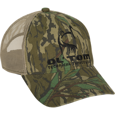 Camo Mesh Back Ol' Tom Logo Cap - A low-profile, structured six-panel cap with a Velcro back adjustment. Made with cotton camo front panels and polyester mesh back. Perfect for hunting and outdoor enthusiasts.