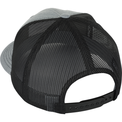 Ol' Tom Mesh Back Patch Cap with prominent logo patch on a black and grey hat. Classic trucker style with structured front panels and adjustable snapback.