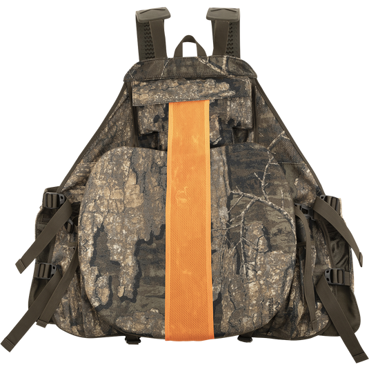 Time & Motion™ Gunslinger Turkey Vest: A camouflage backpack with an orange stripe. Well-organized with 9 front call pockets, detachable locator call cords, and various compartments for gear. Lightweight and comfortable for long hunts.