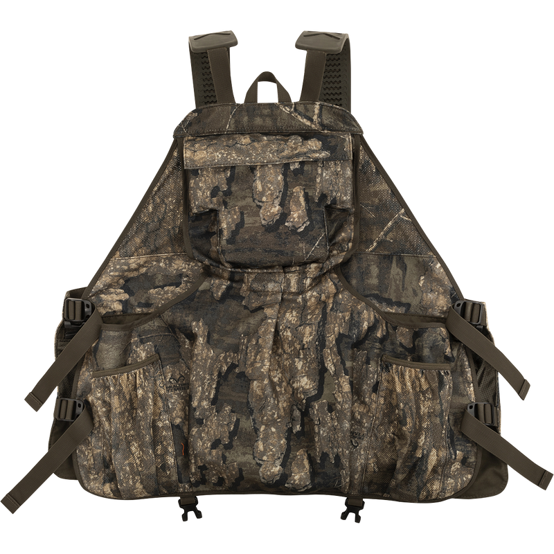 Time & Motion™ Gunslinger Turkey Vest: A camouflage backpack with straps, featuring 9 external front call pockets, detachable locator call cords, and various compartments for organizing hunting gear. Lightweight and intuitive design for easy access.