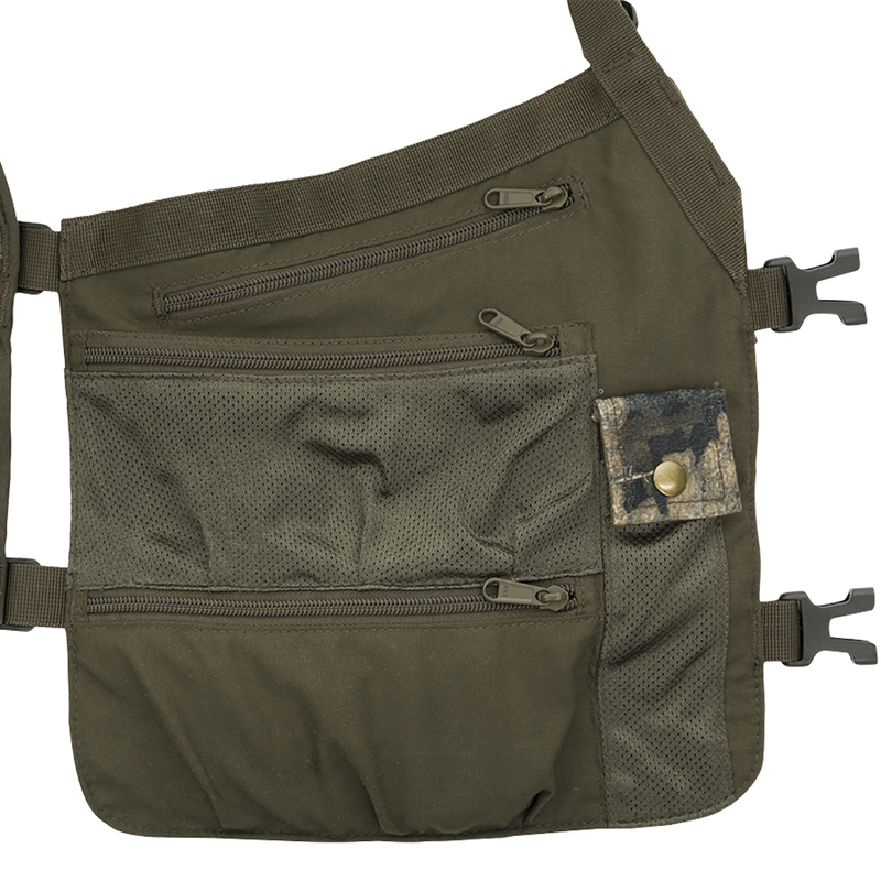Time & Motion™ Gunslinger Turkey Vest - A khaki bag with a pocket, designed for intuitive access to calls and gear while distributing weight efficiently.