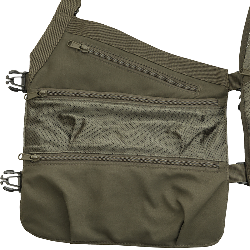 A Time & Motion™ Gunslinger Turkey Vest with a green bag featuring zippers and multiple pockets for calls and gear.
