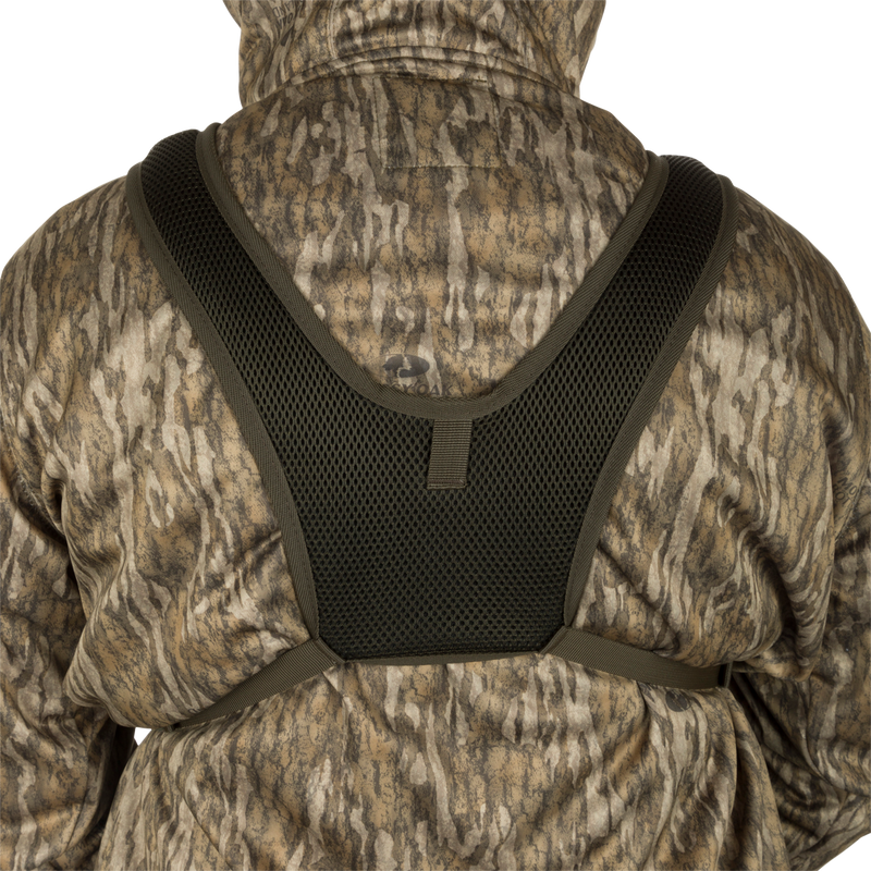 A person wearing a camouflage Turkey Chest Pack, perfect for your next hunting trip. Made with durable materials, lightweight design, and multiple pockets for all your hunting essentials.