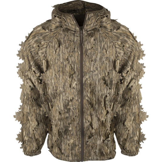 3D Leafy Jacket with camouflage pattern and zipper, perfect for turkey season. Lightweight, breathable, and made of 100% polyester.