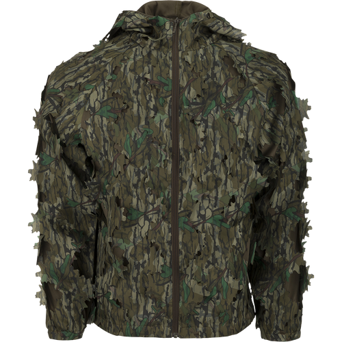 A lightweight, breathable Ol' Tom 3D Leafy Jacket with a leafy pattern cutout from the hooded mesh jacket for complete concealment. Perfect for turkey season.