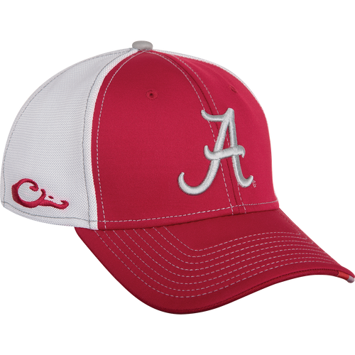 Alabama Stretch Fit Cap - A red and white baseball cap with a white letter on it. Features raised team logo embroidery on the front. Available in M/L and XL/2X sizes. Made of cool cotton stretch-fit material.