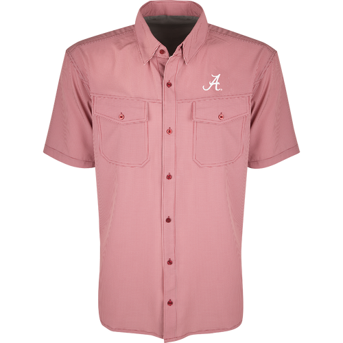 A red and white checkered shirt with collar and button flaps. Lightweight, breathable fabric with four-way stretch for freedom of movement. Ideal for football games or weekend tailgates. Alabama logo embroidered on the left chest.