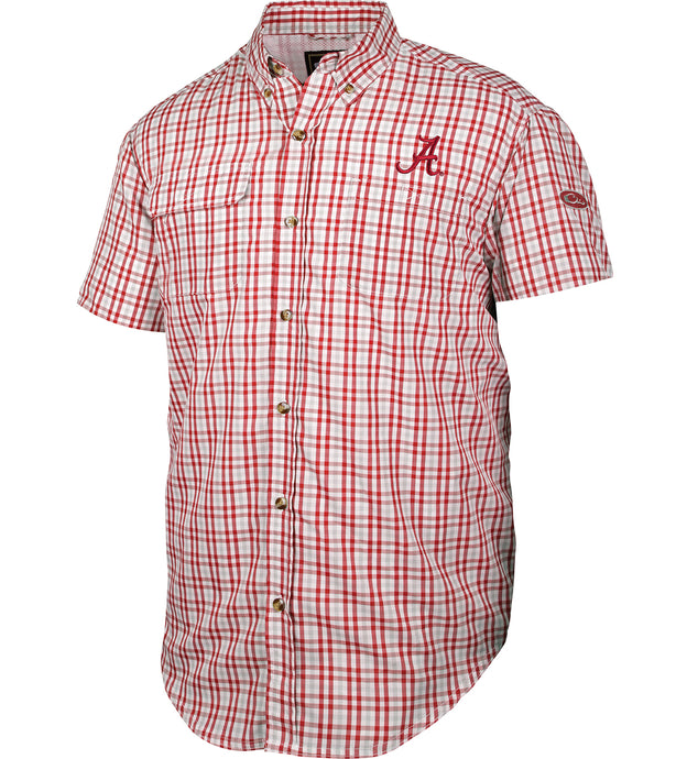 A lightweight Alabama Gingham Plaid Wingshooter's Shirt S/S with a classic plaid pattern. Features a vented mesh back for air circulation and a large chest pocket. Perfect for game day.