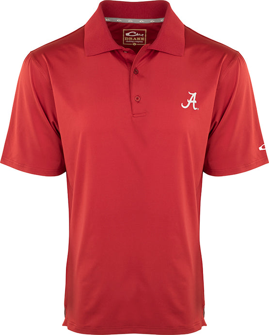 A red Alabama Performance Stretch Polo with the official logo on the left chest. This moisture-wicking, breathable polo is perfect for sports events or a round of golf. Made of 92% polyester and 8% spandex for a comfortable fit.