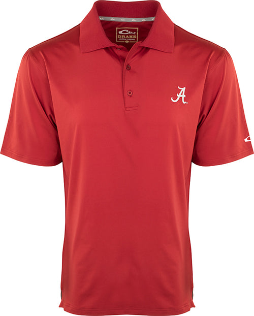 A red Alabama Performance Stretch Polo with the official logo on the left chest. This moisture-wicking, breathable polo is perfect for sports events or a round of golf. Made of 92% polyester and 8% spandex for a comfortable fit.