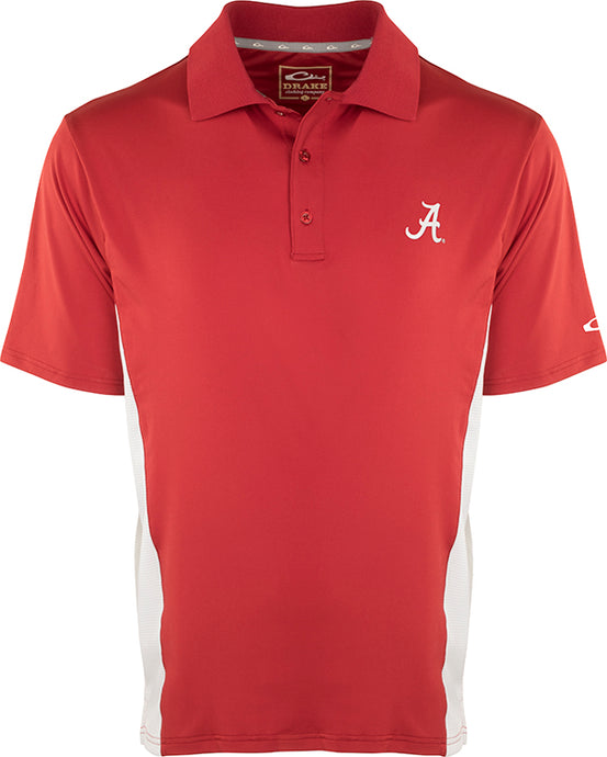 A red Alabama Performance Polo with mesh sides featuring the official Alabama logo on the left chest. Moisture-wicking fabric and mesh side panels provide comfort and breathability for active fans.