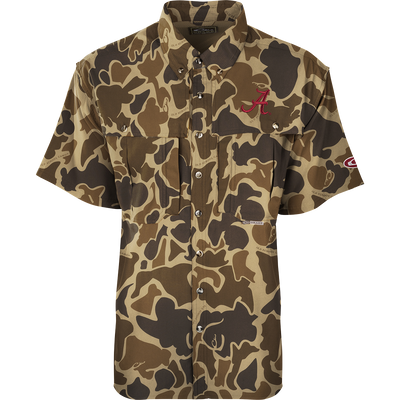 Alabama S/S Flyweight Wingshooter: A lightweight camouflage shirt with a red logo. Designed for warm-weather outdoor activities, it features quick-drying, moisture-wicking fabric, UPF 50+ sun protection, vented back, and multiple pockets. Perfect for hunting and fishing.