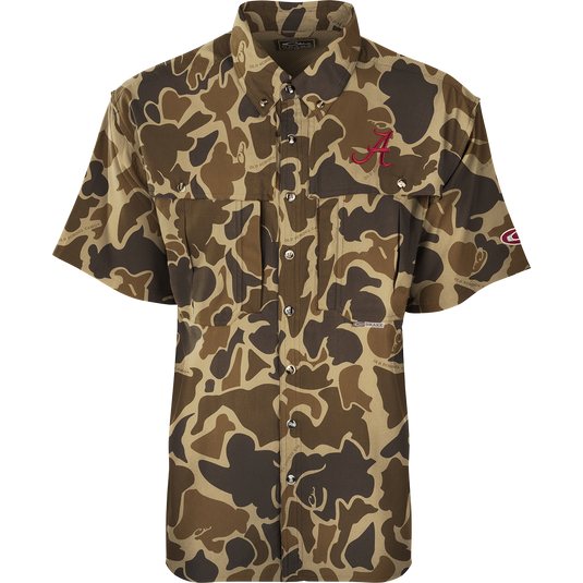 Alabama S/S Flyweight Wingshooter: A lightweight camouflage shirt with a red logo. Designed for warm-weather outdoor activities, it features quick-drying, moisture-wicking fabric, UPF 50+ sun protection, vented back, and multiple pockets. Perfect for hunting and fishing.