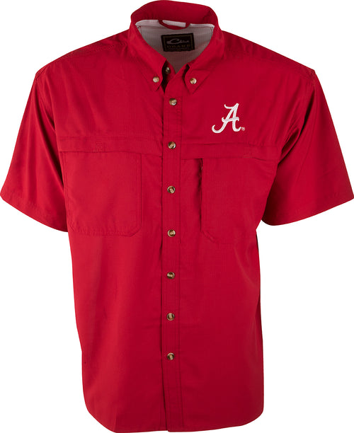 A red shirt with a white letter logo, designed for warm-weather outdoor activities. Made of ultra-lightweight polyester with quick-drying and moisture-wicking properties. Features a vented mesh back and horizontal chest pockets with velcro closures. Alabama logo embroidered on left chest.