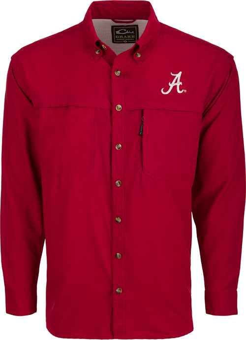 Alabama L/S Mesh Back Flyweight Shirt, a red button-up with a white letter. Lightweight, breathable, and moisture-wicking for warm-weather outdoor activities.