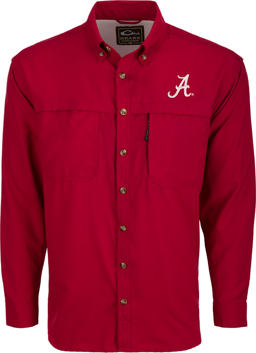 Alabama L/S Mesh Back Flyweight Shirt, a red button-up with a white letter. Lightweight, breathable, and moisture-wicking for warm-weather outdoor activities.