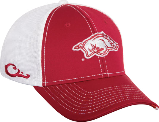 A red and white Arkansas Stretch Fit Cap with a pig logo embroidered on the front.