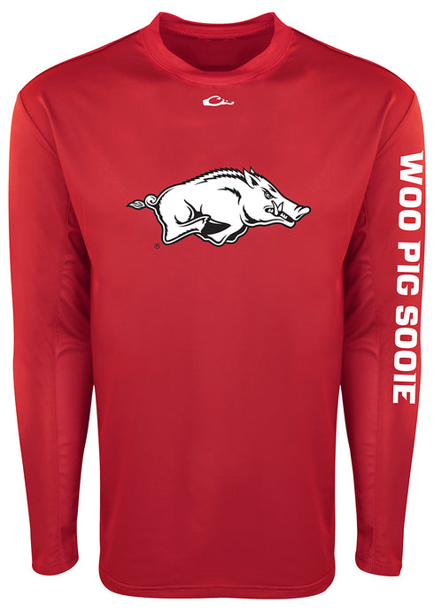 A red long-sleeved Arkansas L/S Performance Shirt with a pig logo. Provides UPF 50+ sun protection and features breathable mesh on the back and underarms for all-day comfort. Ideal for outdoor activities like hunting, fishing, and more.