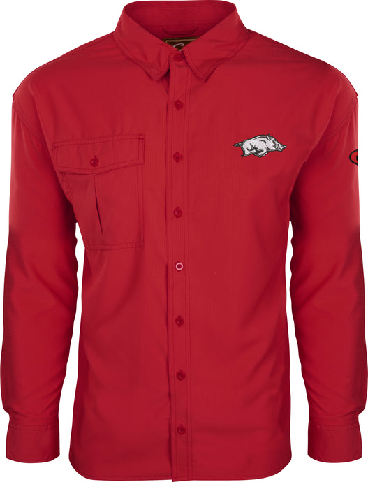 Arkansas L/S Flyweight Shirt: Lightweight, breathable red shirt with a pig design. Quick-drying 100% polyester fabric wicks moisture. UPF 50+ sun protection, vented mesh back, and chest pocket. Ideal for warm-weather outdoor activities.