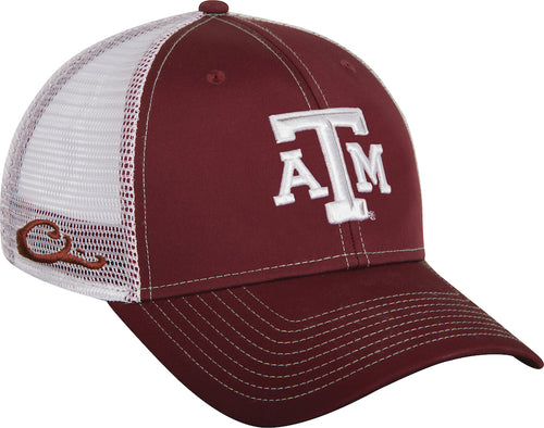 Texas A&M Mesh Back Cap with team logo on front. Adjustable sizing, cotton/mesh construction. Semi-structured mesh-back panels, lightly structured front panels. Hook & loop back closure.