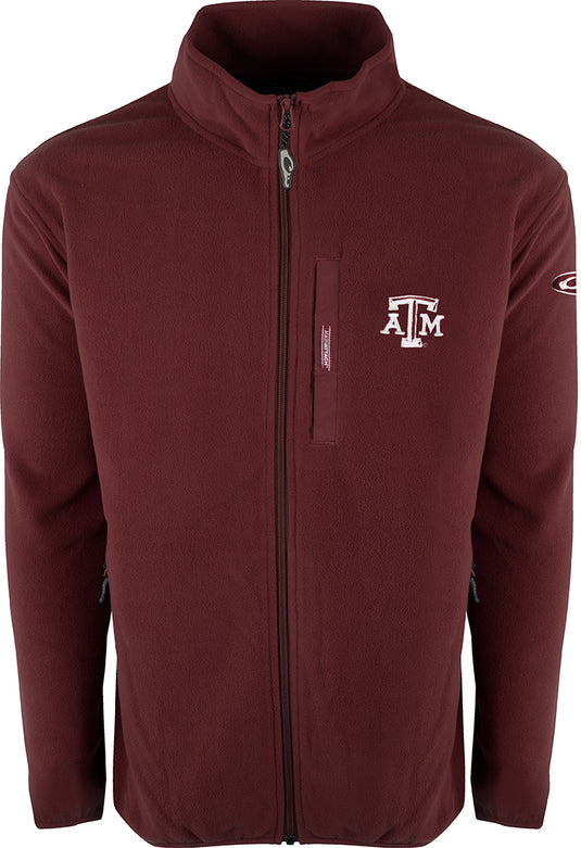 Texas A&M Full Zip Camp Fleece maroon jacket with logo. Midweight layering garment for cool fall days. Anti-pill finish, moisture-wicking.