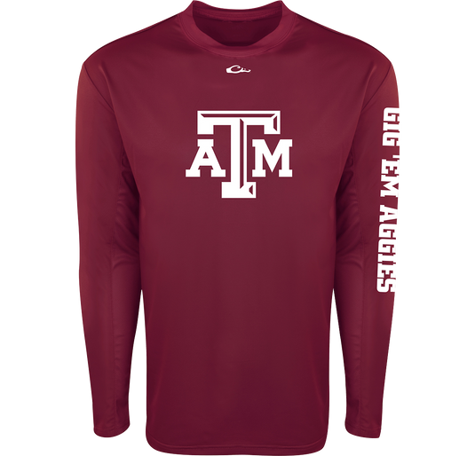 Texas A&M L/S Performance Shirt: Long-sleeved shirt with white letters. Provides sun protection and comfort with breathable mesh on back and underarms. Shield 4™ technology for all-around protection.