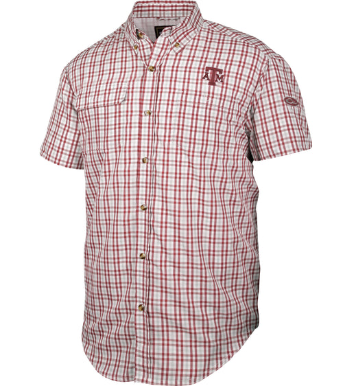 Texas A&M Gingham Plaid Wingshooter's Shirt S/S: Lightweight red and white plaid shirt with vented mesh back and large chest pocket. Perfect for game day.