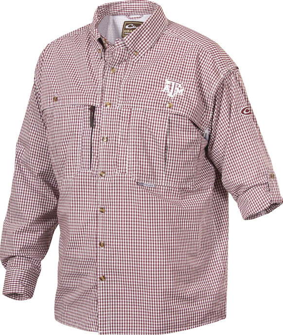 Texas A&M Plaid Wingshooter's Shirt L/S: Breathable, quick-drying shirt with front/back vents and roll-up tabs. Features Univ. of Texas A&M logo.