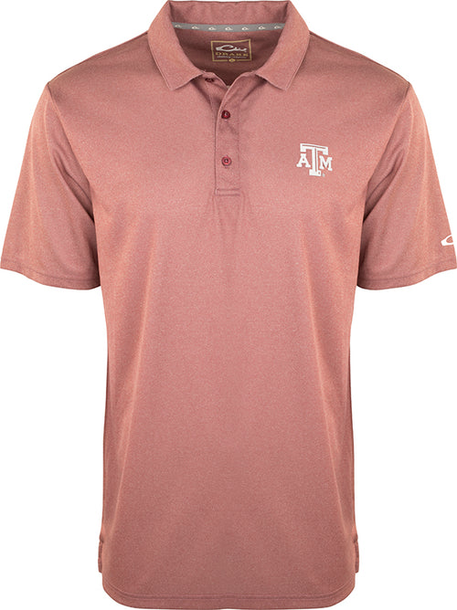 Texas A&M Vintage Heather Polo - Red polo shirt with logo. Four-way stretch, quick-drying, moisture-wicking, and breathable fabric. Vintage heather finish. Official Mississippi State logo on left chest.