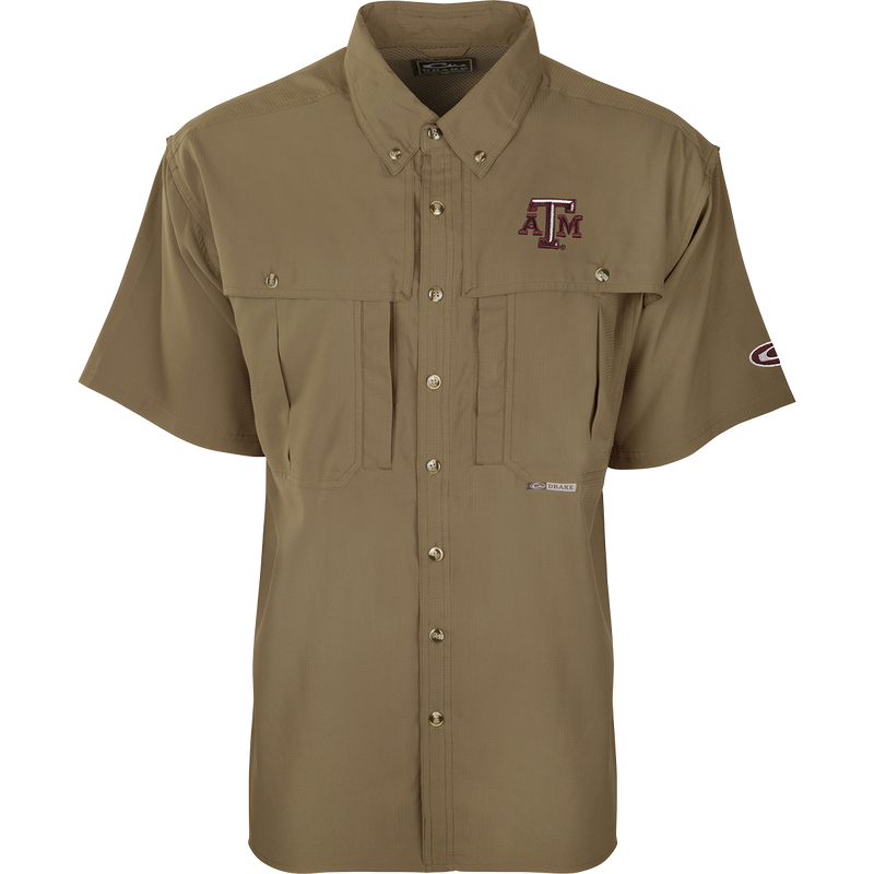 Texas A&M S/S Flyweight Wingshooter shirt with short sleeves, button-up design, visible chest pockets, and a prominent logo, ideal for warm-weather outdoor activities.