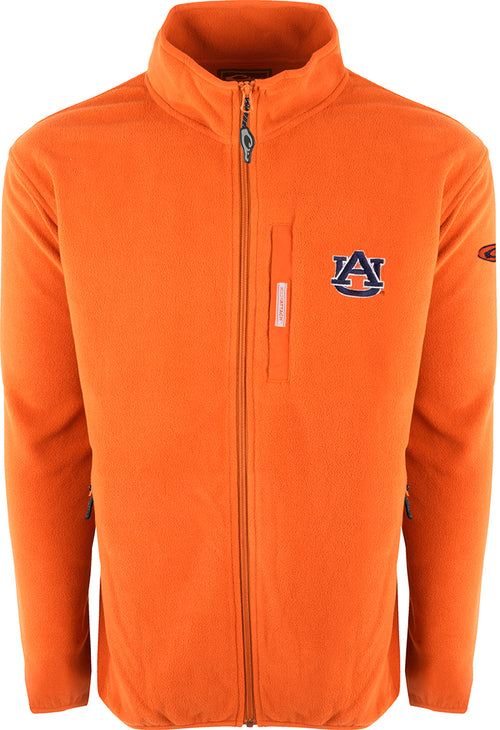 Auburn Full Zip Camp Fleece jacket with logo embroidered on right chest, perfect for cool fall days. Midweight layering garment made of 100% Polyester micro-fleece (210g). Anti-pill finish for longer fabric life. Moisture-wicking.