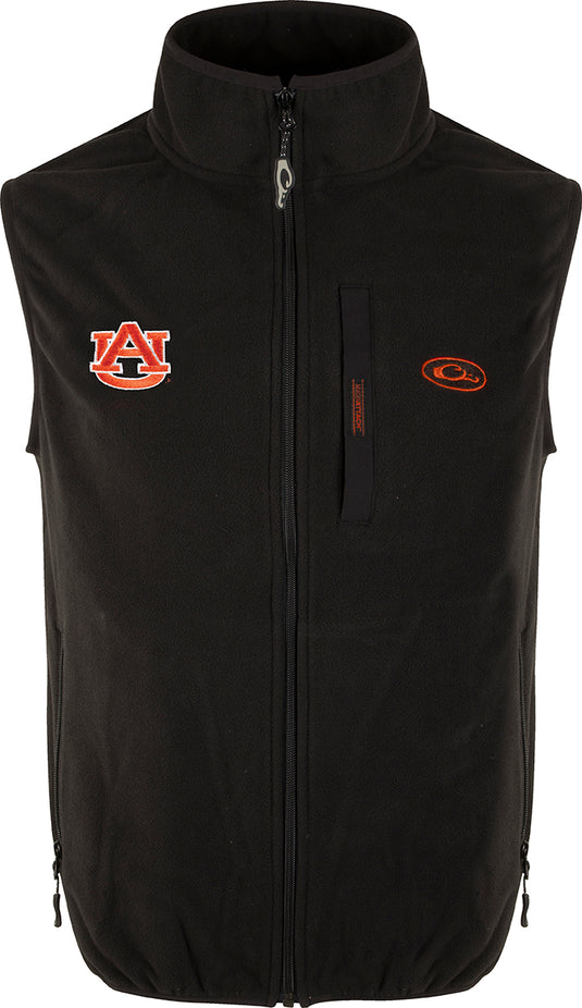 Auburn Camp Fleece Vest: Windproof, water resistant vest with Auburn logo embroidery on right chest. Stand-up collar, Magnattach™ pocket, and hand warmer pockets.