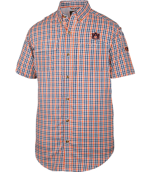 Auburn Gingham Plaid Wingshooter's Shirt S/S: Lightweight shirt with logo emblem, vented mesh back, and large chest pocket. Perfect for game day.