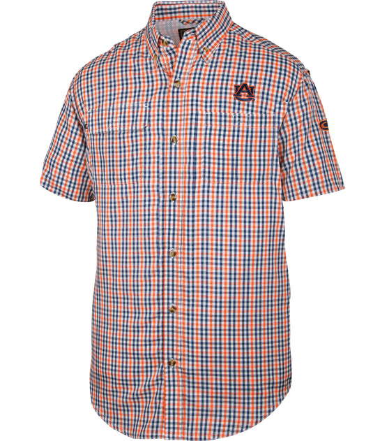 Auburn Gingham Plaid Wingshooter's Shirt S/S: Lightweight shirt with logo emblem, vented mesh back, and large chest pocket. Perfect for game day.