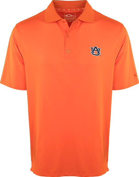 Auburn Performance Stretch Polo with official logo, an orange moisture-wicking polo shirt for comfort during the big game or outdoor activities.