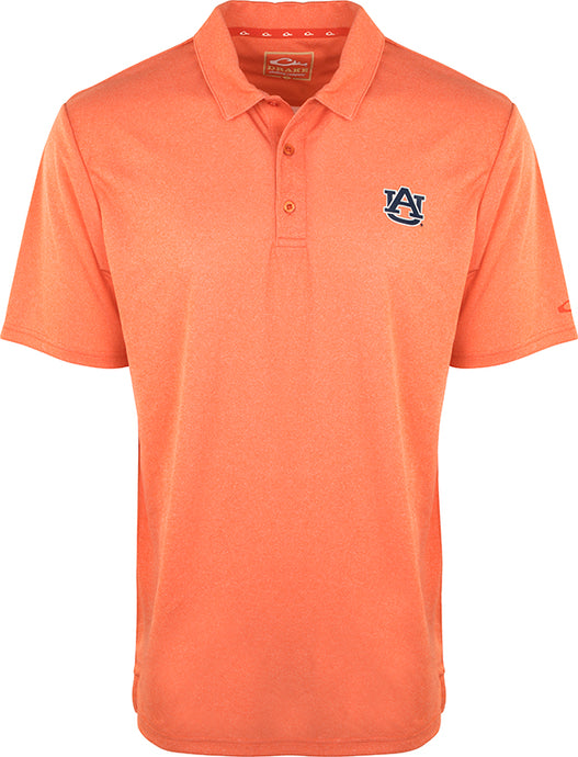 Auburn Vintage Heather Polo: A logo-adorned orange polo shirt with a vintage heather finish. Made with 100% polyester, it offers four-way stretch, quick-drying, moisture-wicking, and breathable properties. Perfect for tailgating and celebrating, this polo is designed for comfort and style.