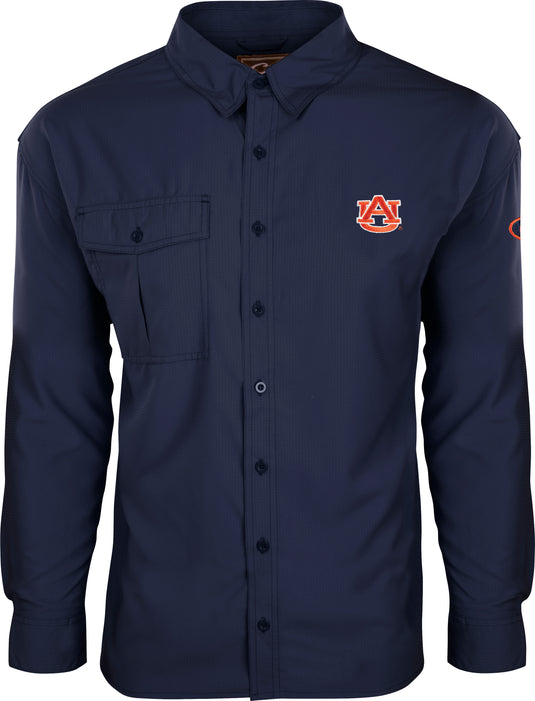 Auburn L/S Flyweight Shirt: A long-sleeved blue shirt with a logo on the chest. Lightweight, breathable, and quick-drying, perfect for warm-weather outdoor activities. UPF 50+ sun protection, vented mesh back, and vertical chest pockets.
