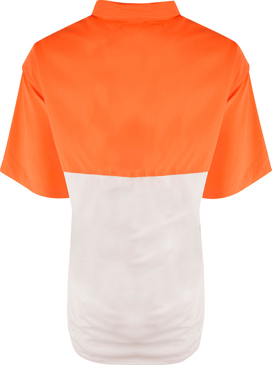 Auburn S/S Mesh Back Flyweight Shirt - Lightweight, breathable shirt for warm-weather outdoor activities. Quick-drying, moisture-wicking fabric with vented mesh back. Horizontal chest pockets with velcro closures. Auburn logo embroidered on left chest.