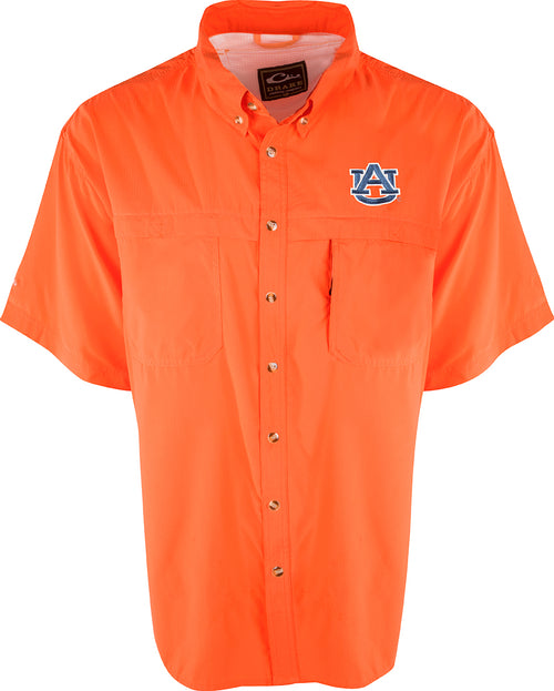 Auburn S/S Mesh Back Flyweight Shirt with logo on orange fabric. Lightweight, breathable, quick-drying, and moisture-wicking. Perfect for warm-weather outdoor activities.