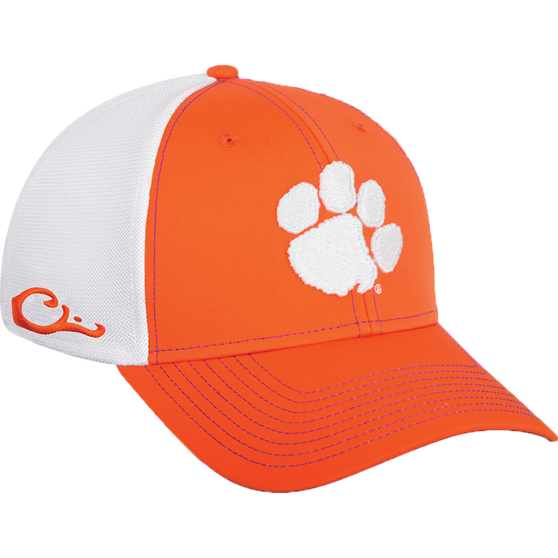 Clemson Stretch Fit Cap - Orange and white hat with a paw print, featuring a raised team logo embroidery. Cotton stretch-fit material. M/L and XL/2X sizes available.