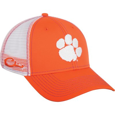 Clemson Mesh Back Cap - An orange and white baseball cap with a paw print logo. Adjustable sizing and cotton/mesh construction.