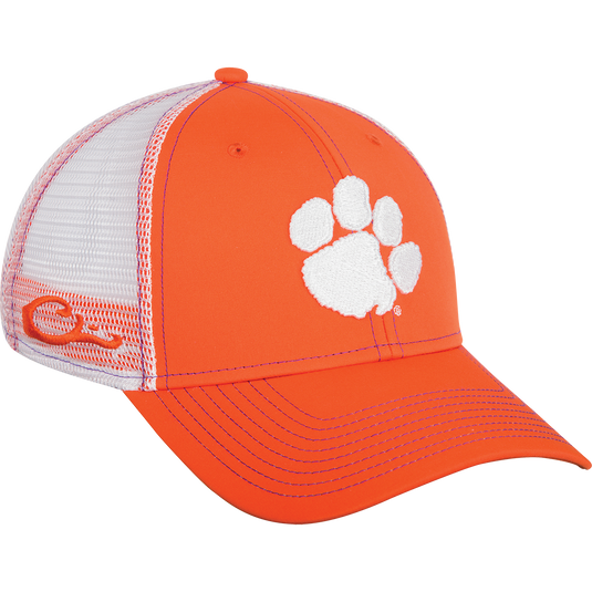 Clemson Mesh Back Cap - An orange and white baseball cap with a paw print logo. Adjustable sizing and cotton/mesh construction.