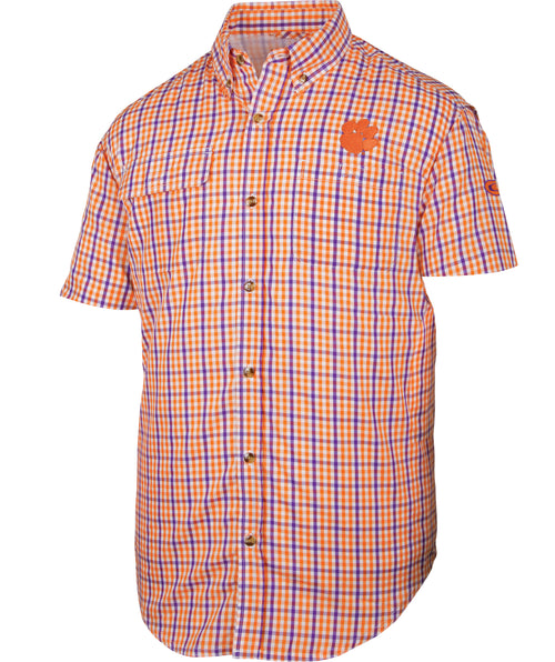 Clemson Gingham Plaid Wingshooter's Shirt S/S on mannequin. Lightweight, vented mesh back for air circulation. Large chest pocket. Perfect for game day.