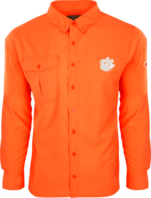 Clemson L/S Flyweight Shirt: An orange shirt with a paw print, designed for warm-weather outdoor activities. Made of lightweight, quick-drying polyester with UPF 50+ sun protection. Features a vented mesh back and vertical chest pockets.