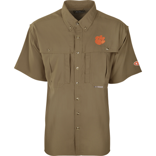 Clemson S/S Flyweight Wingshooter: A lightweight, breathable shirt for warm-weather outdoor activities. Features vented back design, quick-drying Flyweight fabric, UPF 50+ sun protection, Magnattach chest pocket, and a vertical zipper pocket.